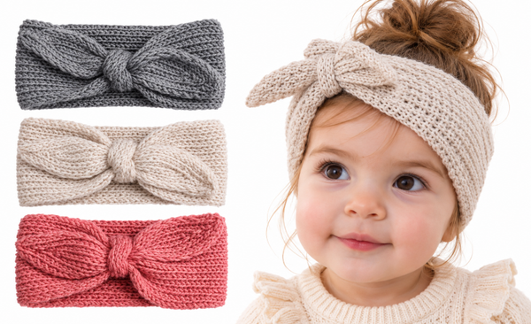 Gebreide Baby Oorwarmers met Strik – Meisjes – Roze, Grijs & Crème – 3-18 Maanden – 3 Stuks