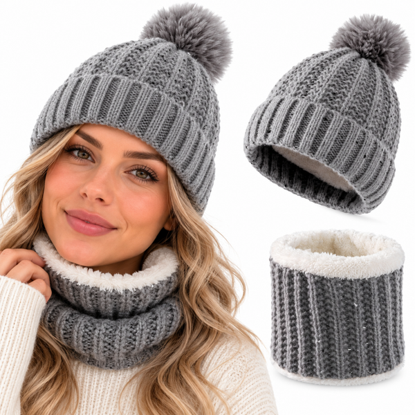 Dames Set Muts Pompom Colsjaal - Grijs - Warme Winterset met Fleece Binnenvoering