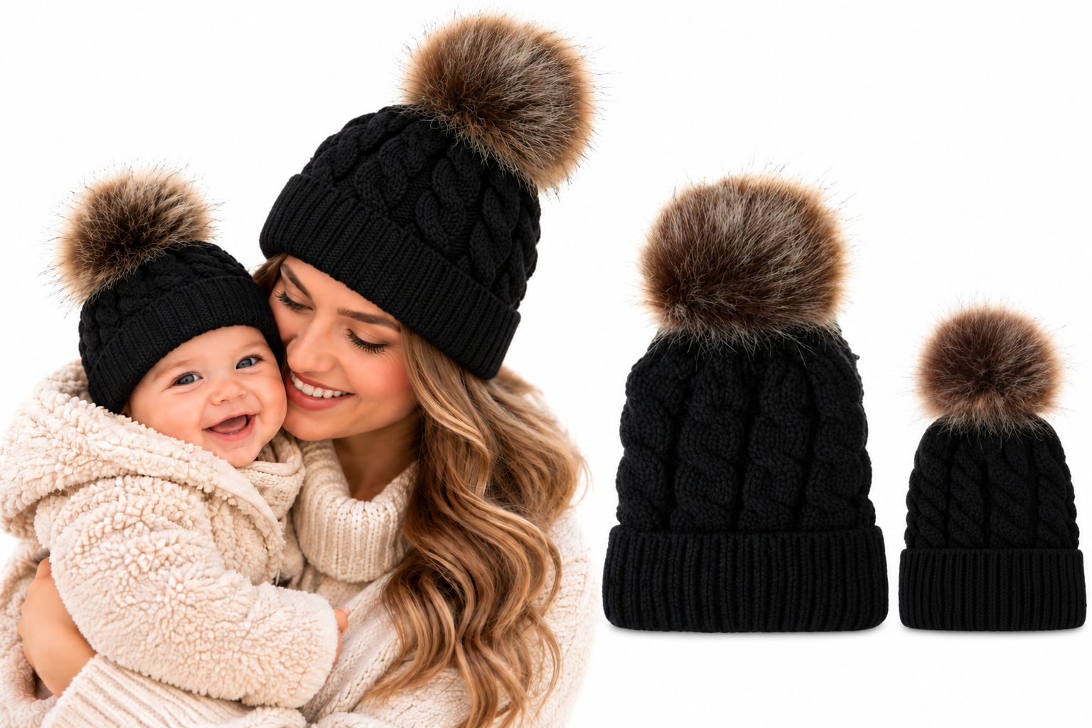 Matching ouder Kind (3-24 maanden) winter muts beanie pompom zwart
