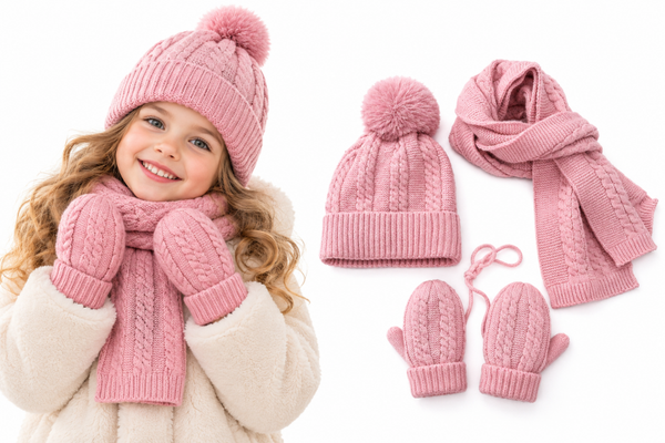 Set Muts (voering) sjaal wanten Kind Meisje kleuter 4-8 jaar - Roze Effen