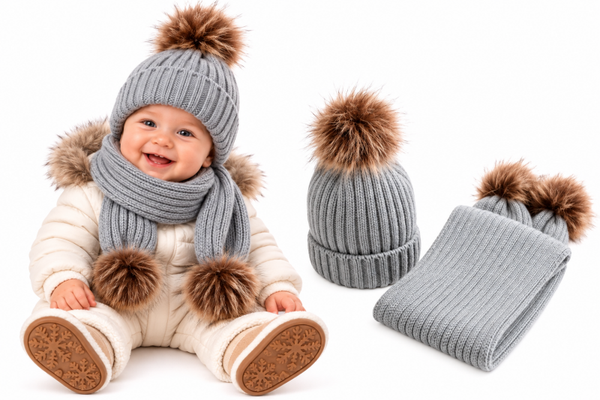 Set Muts en Sjaal Kind 1 Jaar – Beanie met Pompoms – Winterset – Grijs
