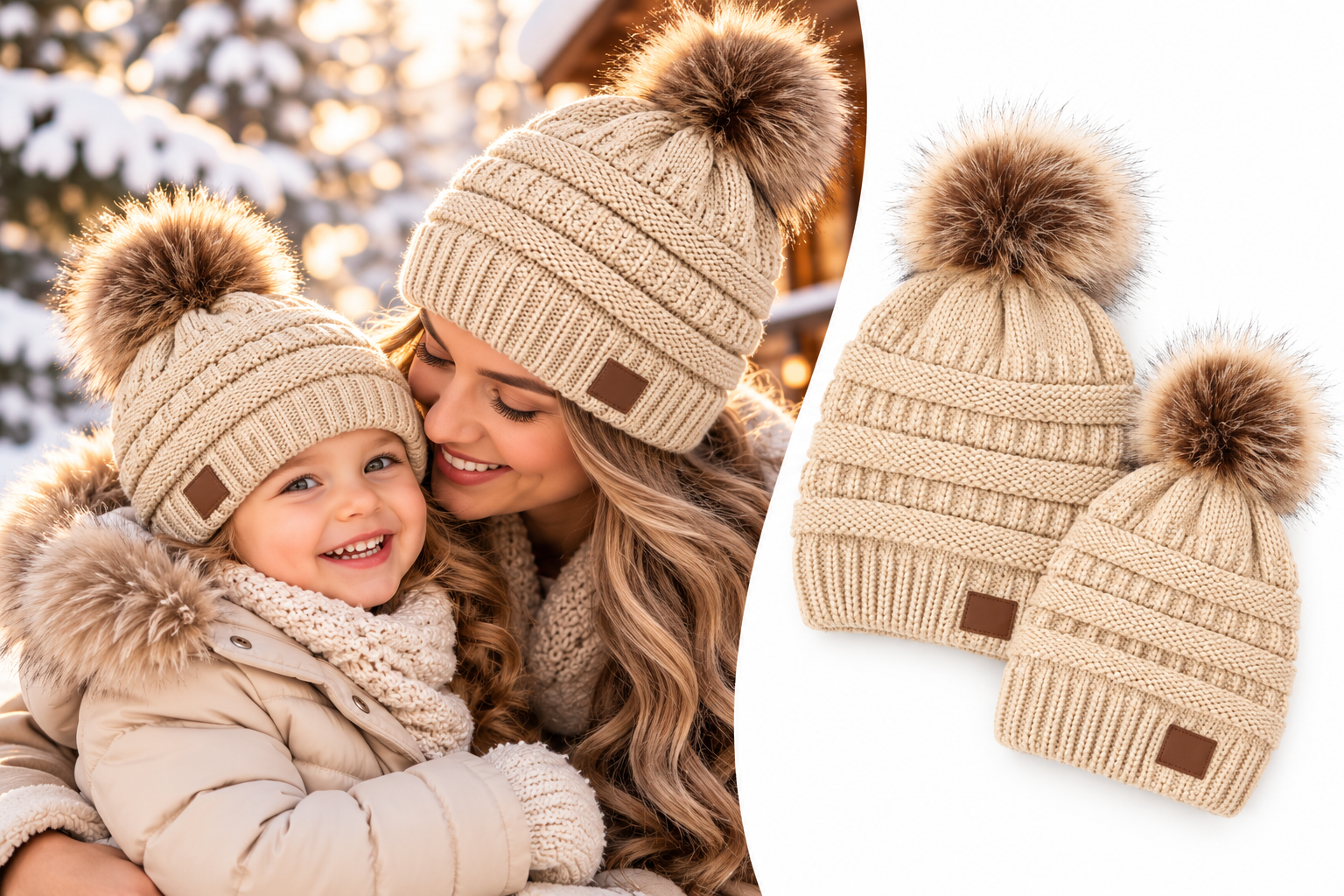 CC - Matching ouder kind (2&3 jaar) muts met pompom beige - met fleece voering