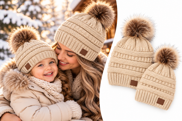 CC - Matching ouder kind (2&3 jaar) muts met pompom beige - met fleece voering