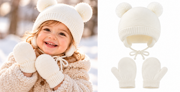 Set Muts (met voering) beren oortjes met oorwarmer en wanten - Wit - 1-2 jaar