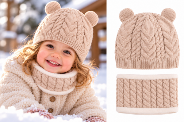 Beervorm Muts met Colsjaal (Voering) - Kind 2-5 jaar - Beige