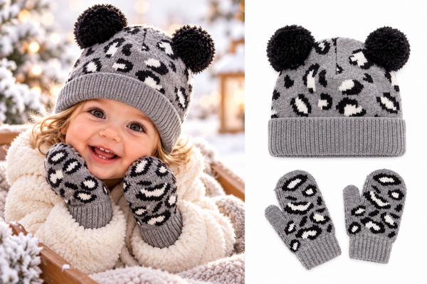 Set Meisjes Muts Wanten - 6-24 mnd - Luipaard Grijs