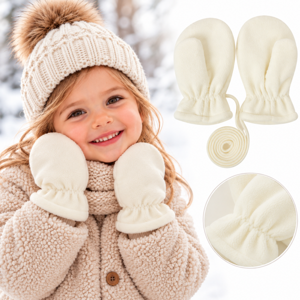 Fleece Wantjes Kind met Koord - Wit/ Crème - 2-4 jaar