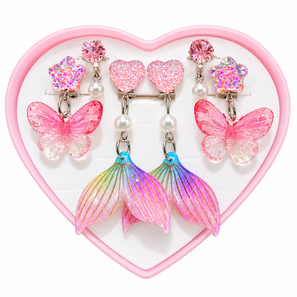 Kindersieraden Set Meisjes – 2 Paar Clip-on Oorbellen & 2 Verstelbare Ringen – Roze Vlinder & Zeemeermin Staart