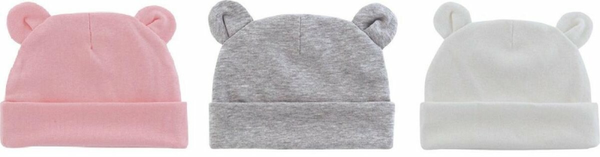 3 pack Babymutsjes newborn Beervorm effen roze wit grijs