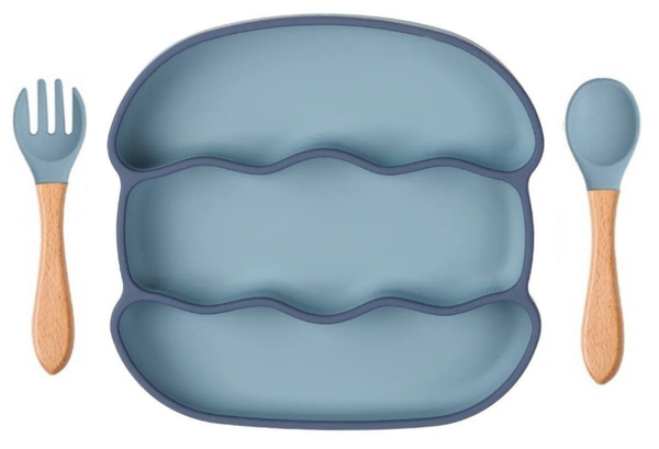 3-Vaks Babybord Geribbeld - met Houten Bestek - Blauw