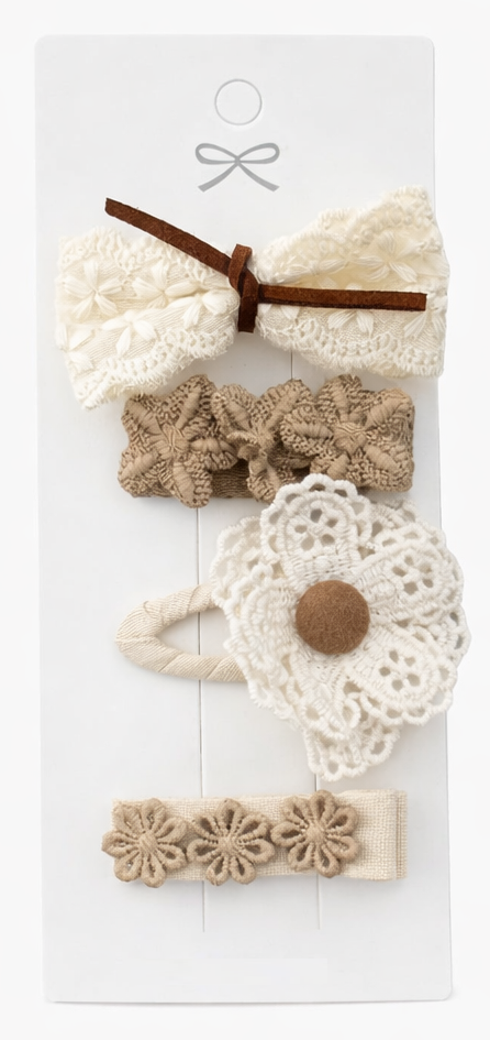Haarclipjes Meisjes Set (4 stuks) – Beige, Bruin & Crème – Kant & Stoffen Bloemen  – 5,5 cm