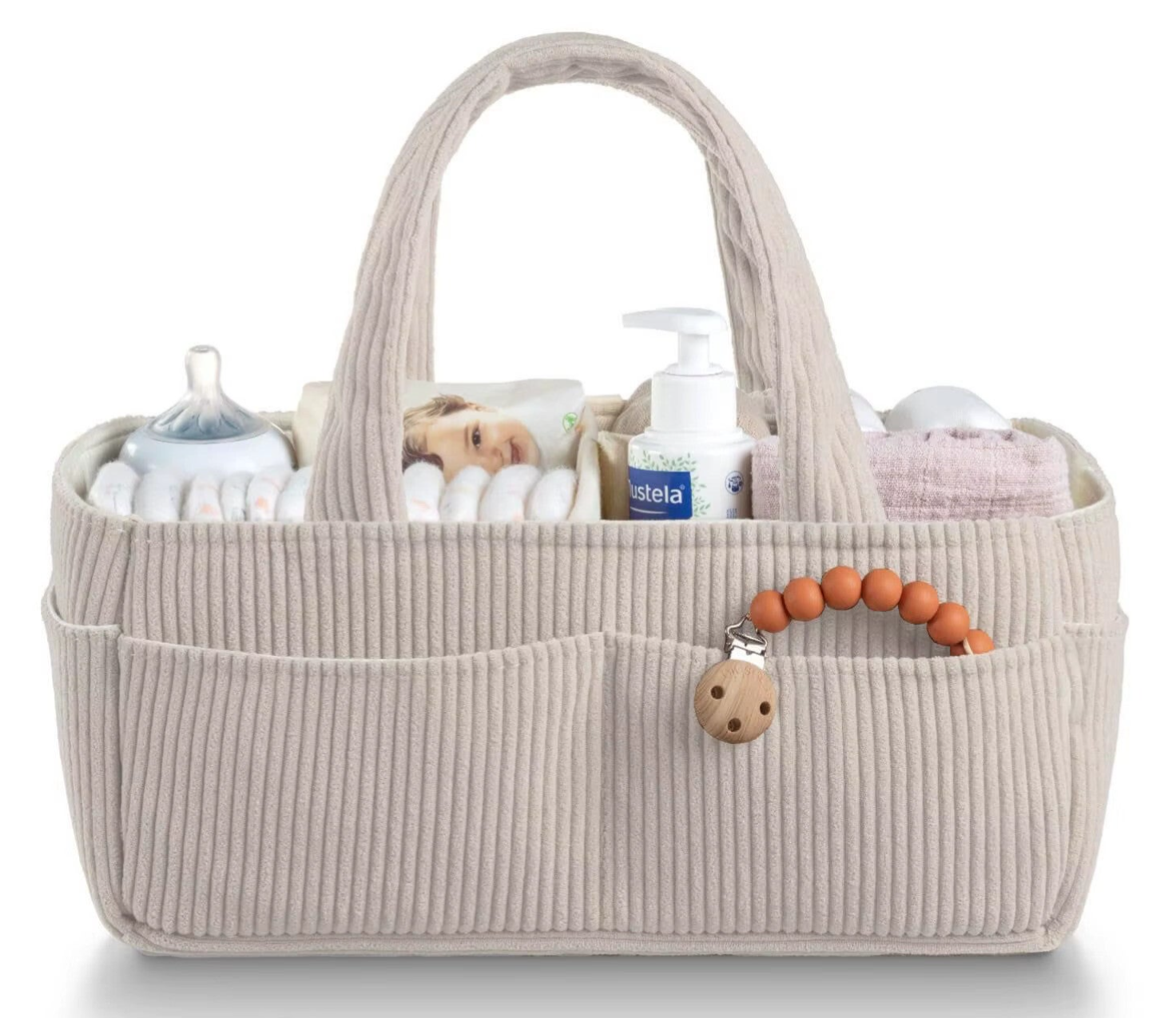 Crème Corduroy Luiermand Organizer – Ribstof Baby Opbergmand met Vakken en Uitneembare Inzetters – Met Handvatten