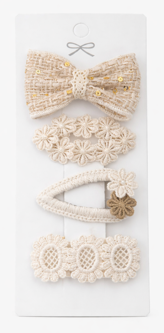 Haarclipjes Meisjes Set – Ivoor & Off-White Kant & Gehaakte Bloemen (4 stuks) – 5,5 cm