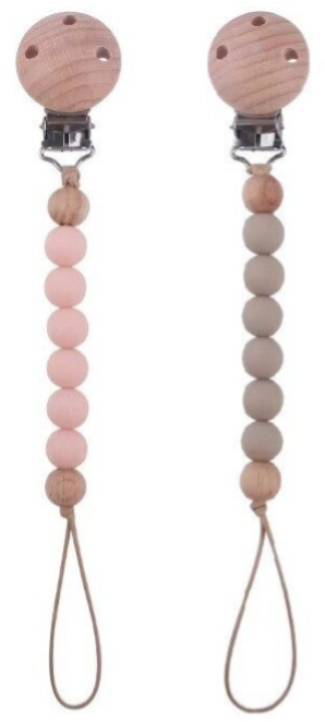2 Stuks - Houten Speenkoord Baby - Siliconen Kralen - Roze en Beige/ Taupe