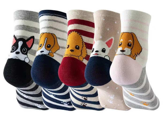 5 Paar - Sokken Dames & Meisjes – Gestreepte Hondenprint – Maat 35-38 – Katoenmix