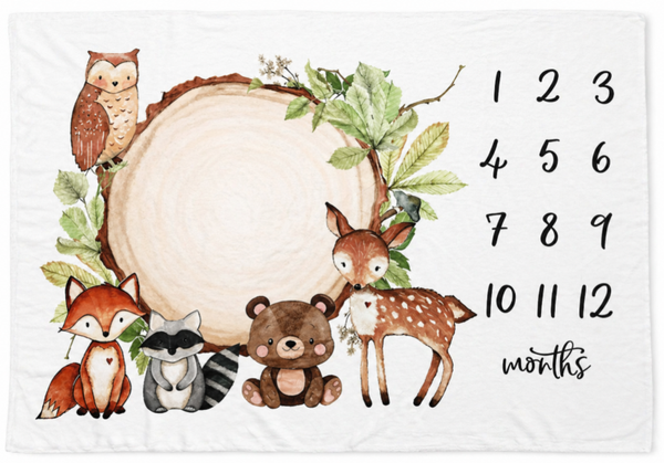 Grote Baby Milestone Deken 100x150 cm – Fleece Fotodeken Maanden – Woodland Dieren – Groeideken Baby – Zacht & Warm – Kraamcadeau – 1 t/m 12 Maanden
