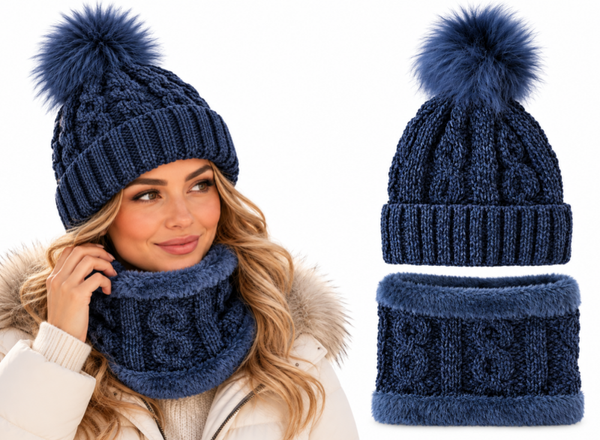 Set 2-Delig – Dames Muts met Fleece Voering + Colsjaal – Navy – Velvet