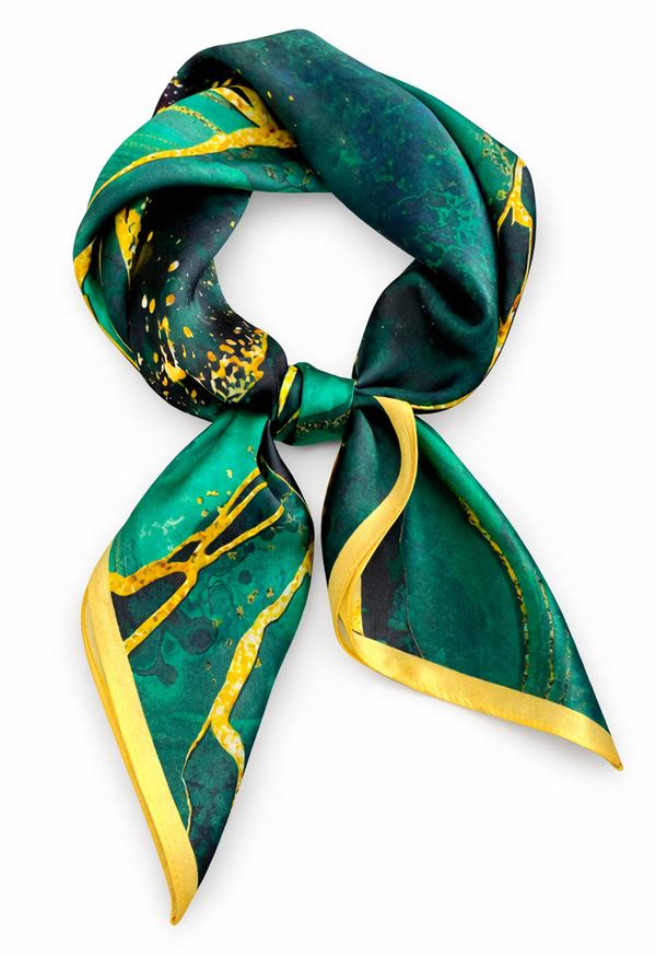 Dames Haarsjaal - Neksjaal - Vierkant 70x70 cm - Marmerpatroon – Smaragdgroen & Goud