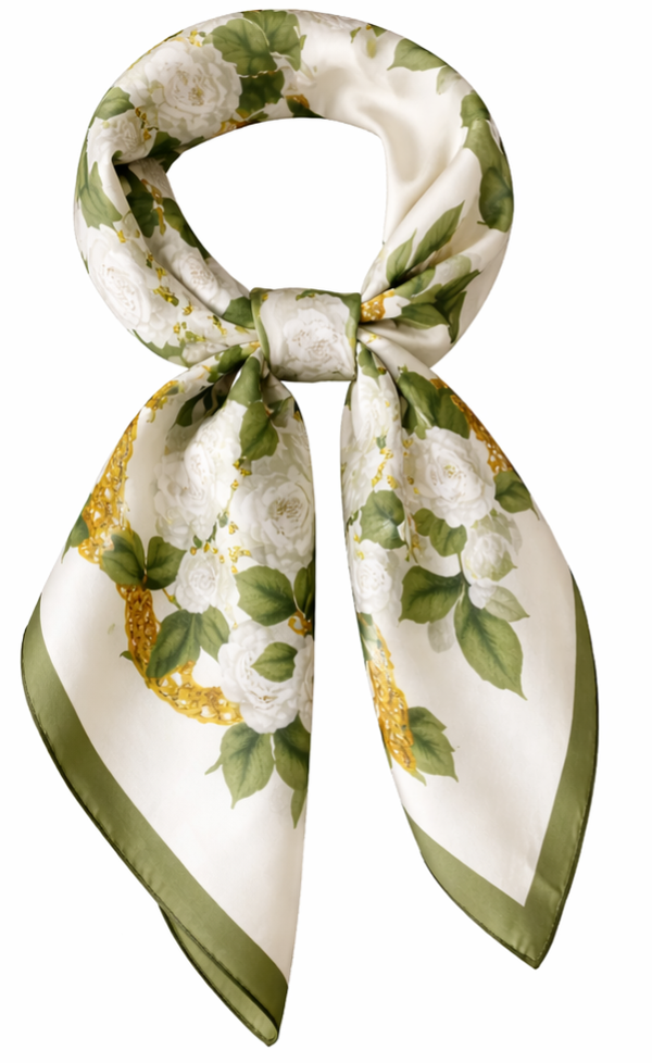 Dames Haarsjaal - Neksjaal - Vierkant 70x70 cm - Witte Rozen met Gouden Kettingmotief - Groen - Off-white