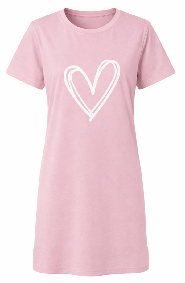 Roze Dames Pyjama Jurk met Hartje – Maat L (valt als M) – Korte mouw, Ronde hals