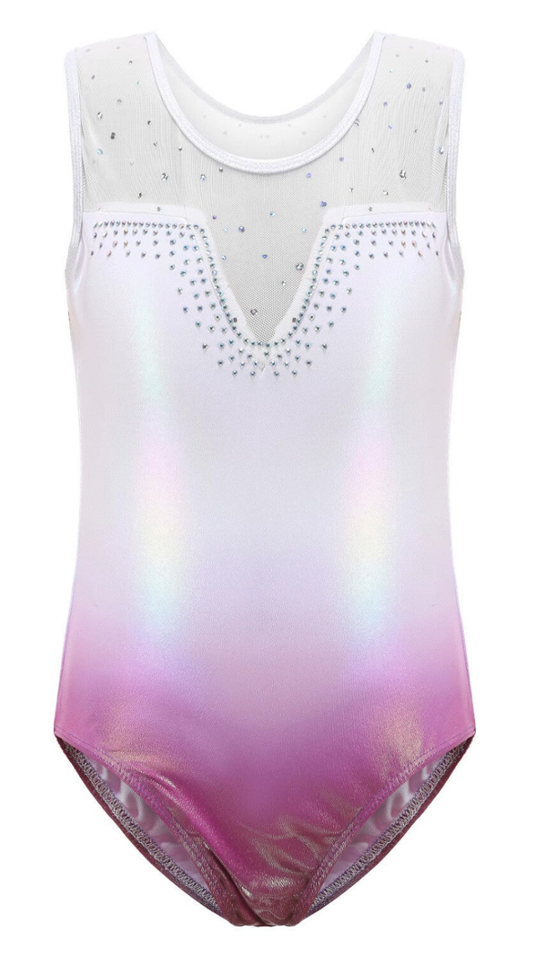 Meisjes Turnpakje – Iriserend wit met roze ombré – Met Glitter & Strass – Mouwloos Gymnastiek Pakje – 7-12 jaar