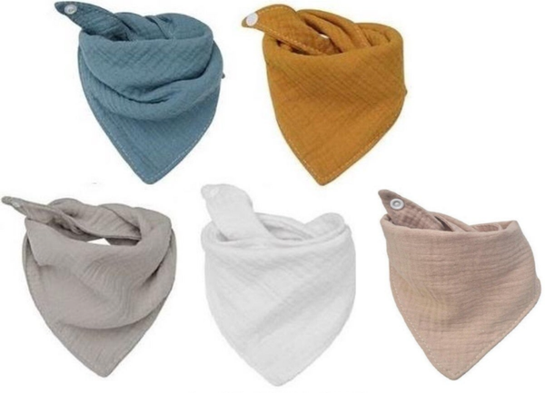 5 stuks Hydrofiele bandana slabbetjes - Effen Blauw - geel wit