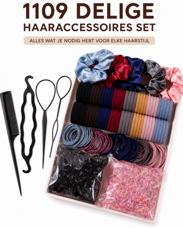 1109 Delige Haaraccessoires Set voor Dames & Meisjes – Blauw, Roze, Rood, Zwart & Grijs – Scrunchies, Haarelastiekjes & Styling Tools