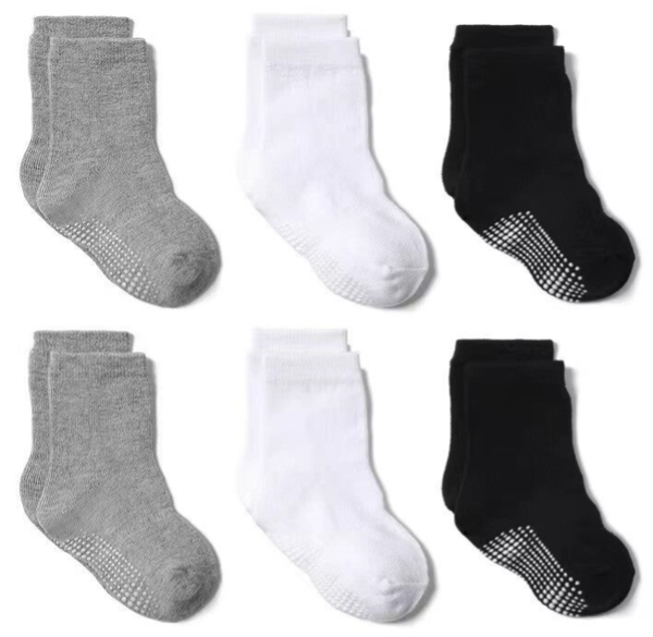 6 Paar - Antislip Sokken Kind Baby - 1-3 jaar - Zwart Grijs Wit - Huissokken