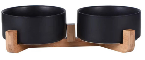 Keramische dubbele voerbak kat en hond met houten standaard – verhoogde voerbak 2 x 400 ml – Zwart