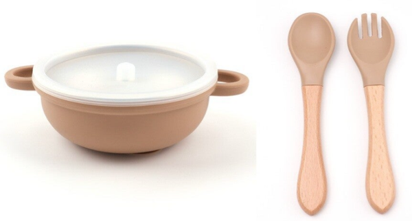 Siliconen babykom met handvaten - RVS binnenkom - deksel en Houten bestek – Beige