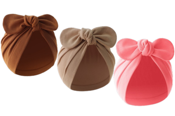 3 Stuks - Newborn Babymutsjes met Strik - 0-3 maanden - Bruin Beige Roze