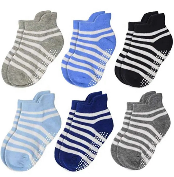 6 Paar Antislip Sokken Kind Baby - 1-3 Jaar - Strepen Wit, Lichtblauw en Grijs - Enkelsokken