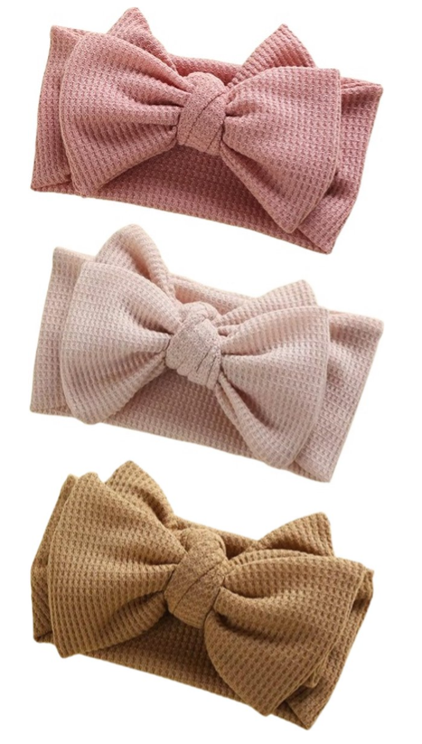 3 Stuks - Baby Haarbandjes met Grote strik (3 t/m 12 maanden) - Bruin Roze Crème