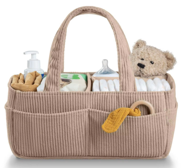 Luiermand Beige – Corduroy Opbergmand Baby – Met Uitneembare Inzetstukken – Baby Organizer met Handvatten – Commode Organizer – Kraamcadeau