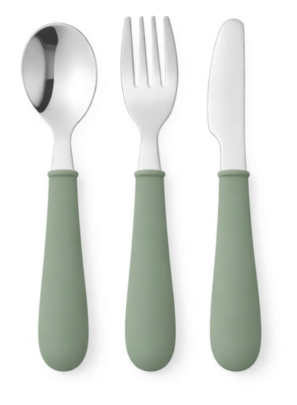 Kinder bestekset 3-delig – Lepel, vork en mes – Siliconen handvat & RVS – Groen (sage green) – Baby en peuter bestek – Zelfstandig leren eten – 1-4 jaar