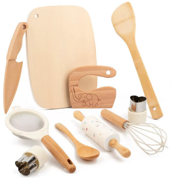 10-delige Houten Keukengerei Set voor kinderen – Natuurlijk Hout – Veilig & Educatief – Geschikt voor Bakken en Koken