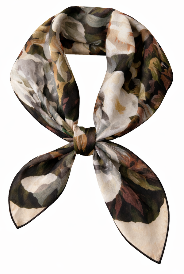 Dames Haarsjaal - Neksjaal - Vierkant 70x70 cm - “Soft Garden Peony” – Beige, salie & cacao