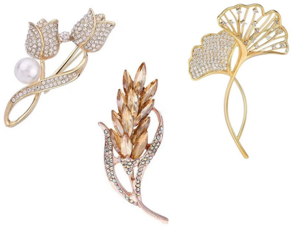 Set van 3 goudkleurige broches voor dames – tulp, ginkgo en tarwe