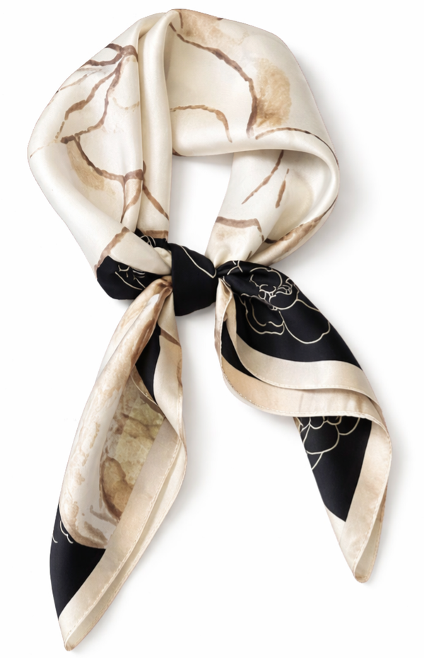 Dames Haarsjaal - Neksjaal - Vierkant 70x70 cm - Midnight Camellia - Ivoor Beige Zwart
