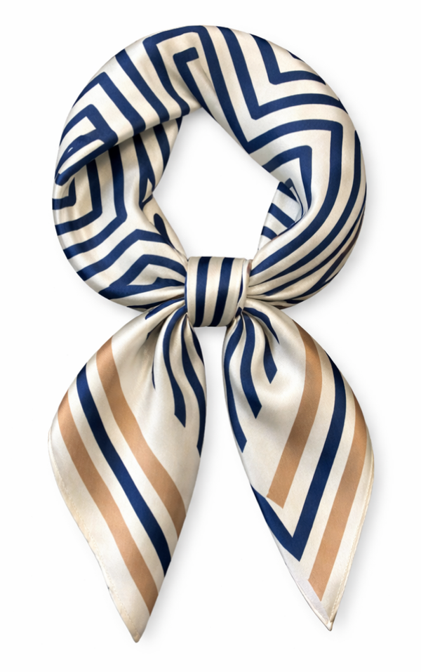 Dames Haarsjaal - Neksjaal - Vierkant 70x70 cm - Grieks Meanderpatroon – Crème & Navy