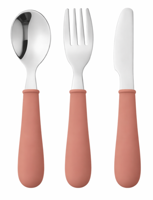 Kinder bestekset 3-delig – Lepel, vork en mes – Siliconen handvat & RVS – Roestbruin / Dusty rose – Baby en peuter bestek – Zelfstandig leren eten – 1-4 jaar