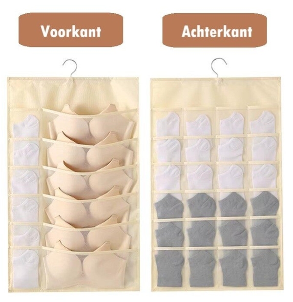 2-Zijdige Ondergoed Organizer met Haak – 36 Vakken – Hangende BH, Sokken en Lingerie Opberger – Beige – 46x76 cm
