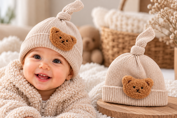Gebreid Babymutsje met Knoop - Berenkopje - Zandkleur - 3 t/m 12 mnd