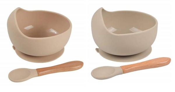 2 Stuks - Baby Kommetjes met Zuignap met Lepel - Beige Taupe - Siliconen Kom Onbreekbaar