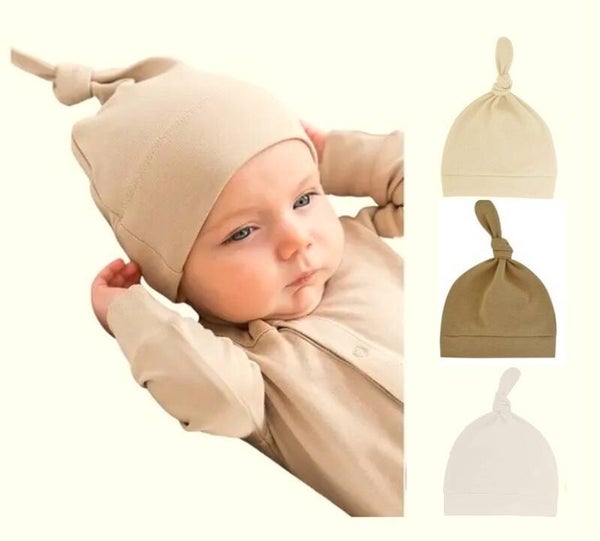 3 pack - Newborn Babymutsjes met Knoop - Wit - Bruin - Zand