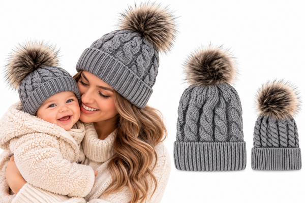 Matching ouder Kind (3-24 mnd) winter muts beanie pompom grijs