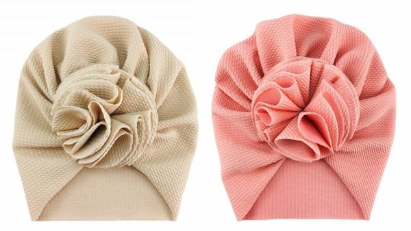 2 Stuks - Babymutsjes met Bloem (3-15 mnd) - Roze en Crème