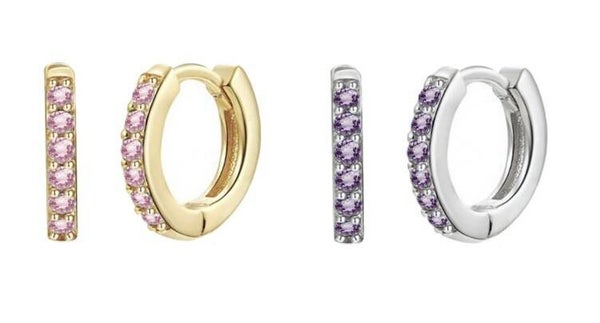 Kinderoorbellen Set (2 paar) – Zilver met Goud,-  en Zilverkleurige Afwerking – Roze & Paarse Zirkoon (Ø 1 cm)