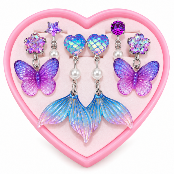Kindersieraden Set Meisjes – 2 Paar Clip-on Oorbellen & 2 Verstelbare Ringen – Paarse Vlinder & Blauwe Zeemeermin