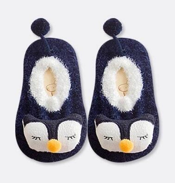 Zachte schattige fleece fluffy pinguïn- blauw anti-slip sokjes / slofjes - rekbaar | Baby 4-12 maanden